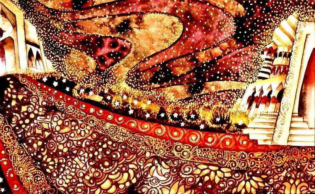 O ilustrație colorată cu un design artistic care include forme abstracte și motive decorative, sugerând un peisaj mistic.