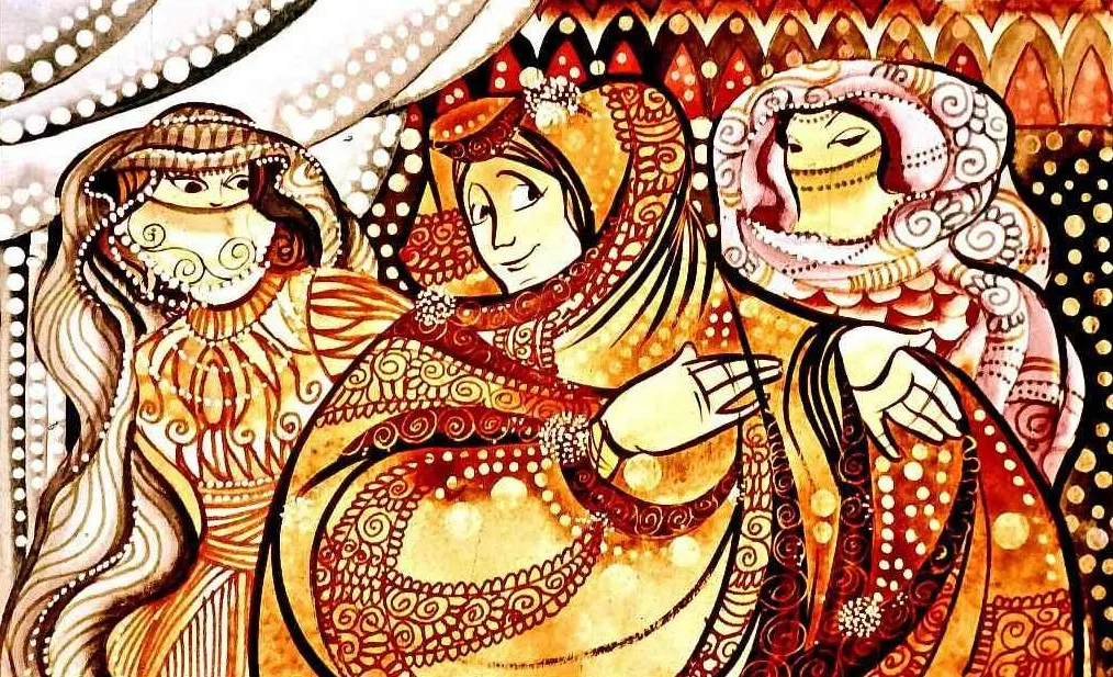 Ilustrație artistică cu trei femei îmbrăcate în haine tradiționale, reprezentate într-un stil decorativ.