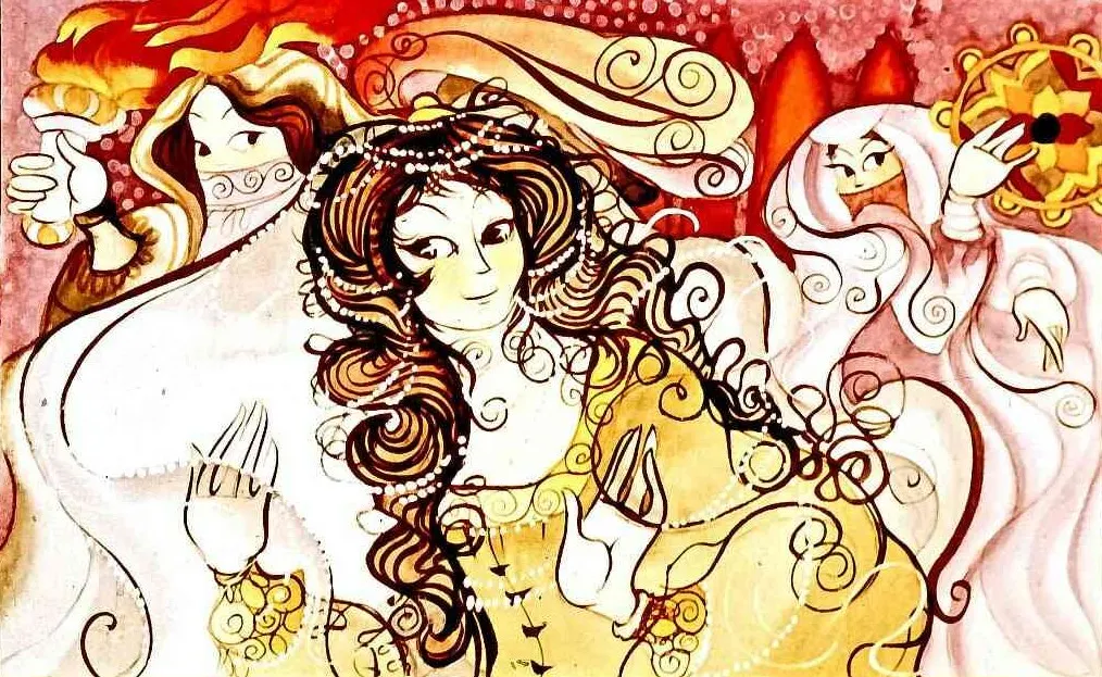 Ilustrație artistică cu o femeie îmbrăcată în rochie galbenă, înconjurată de figuri cu diferite expresii. Femeia zâmbește, iar celelalte personaje par să interacționeze în fundal.