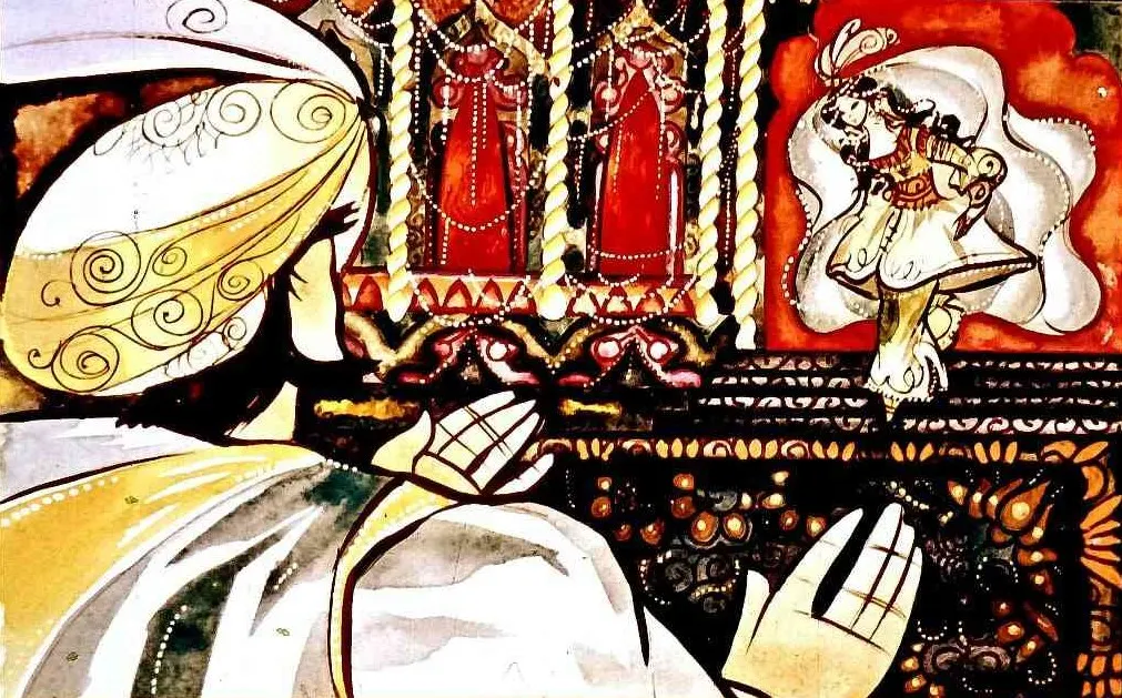 O ilustrație artistică care prezintă un artist și o dansatoare, cu detalii ornamentale în fundal.