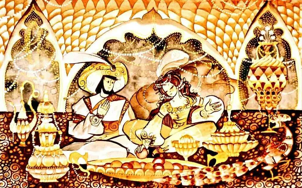 Ilustrație artistică cu două figuri, un bărbat și o femeie, reprezentând o scenă orientală, cu elemente decorative complexe în fundal.