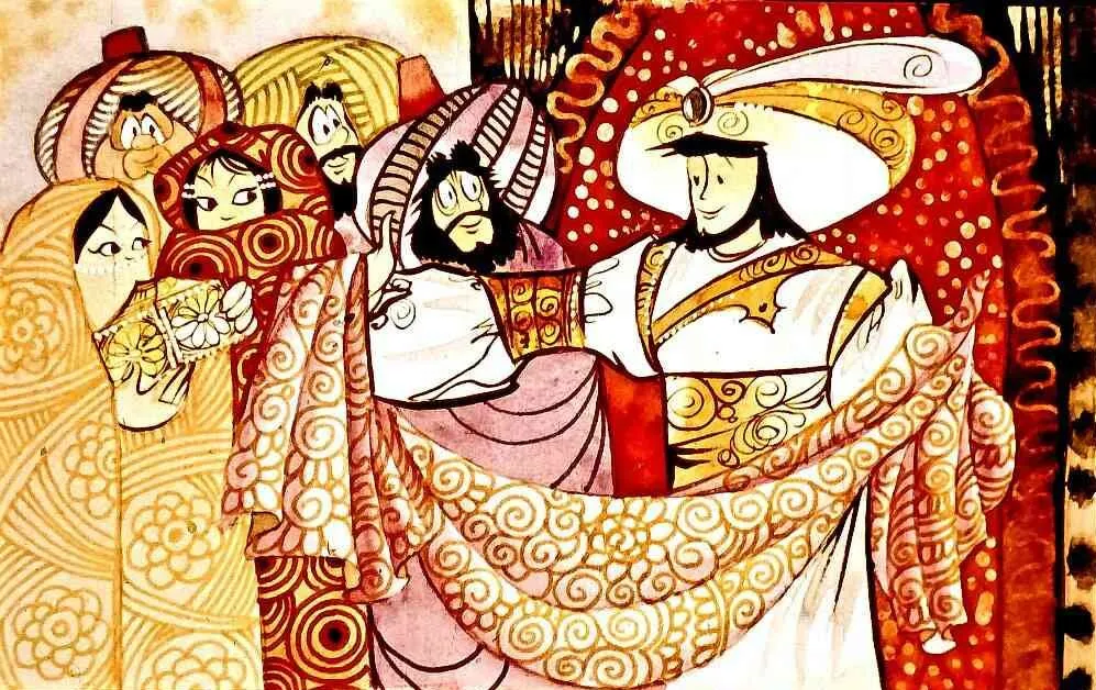 O ilustrație cu mai multe personaje îmbrăcate în haine colorate, interacționând într-un cadru artistic.