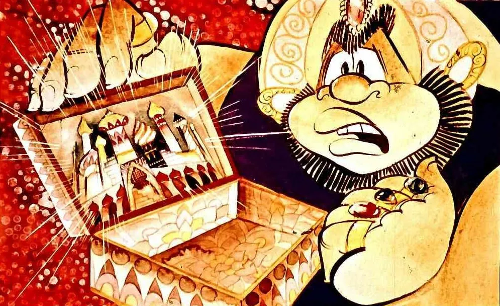 Ilustrație colorată reprezentând un personaj care ține o cutie deschisă cu o scenă detaliată în interior, arătând o reacție de surpriză și îngrijorare.