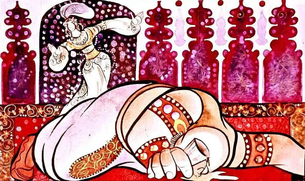 O ilustrație artistică care prezintă o femeie dansând lângă o figură culcată, cu detalii decorative elaborate și un fundal ornamental.