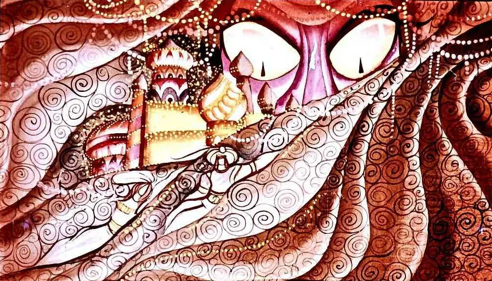 O ilustrație artistică abstractă cu forme ondulate și detalii decorative, arătând un peisaj cu clădiri și ochi sugestivi, create din linii curbe și culori calde.