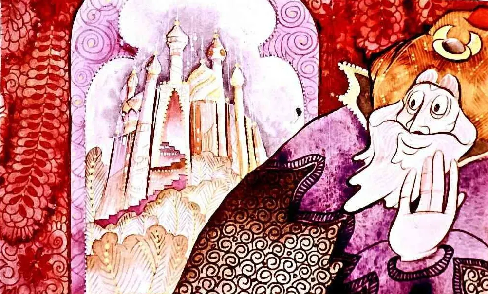 O ilustrație colorată care prezintă un personaj cu o barbă lungă și o coroană, privind spre un peisaj de vis cu palate și nori.