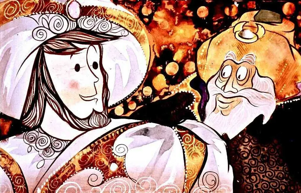 Ilustrație artistică cu două personaje, unul în tunică albă și celălalt cu o pălărie galbenă, care zâmbesc și discută într-un mediu colorat.