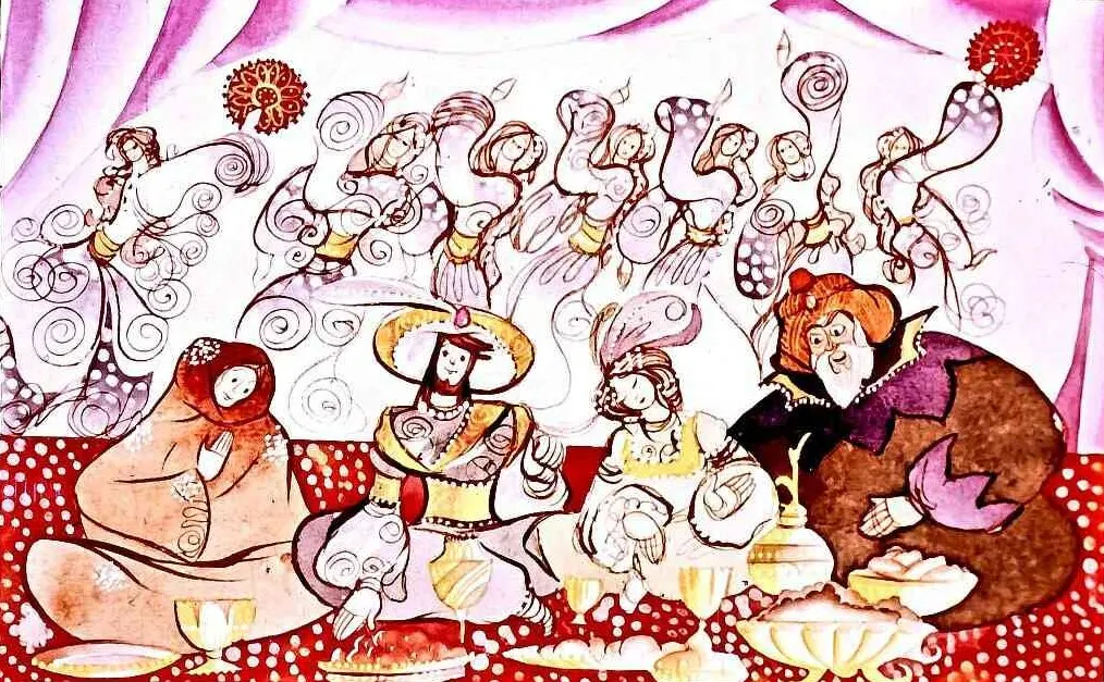 Ilustrație colorată cu personaje stilizate la o masă, înconjurate de dansatori, pe un fundal decorativ.