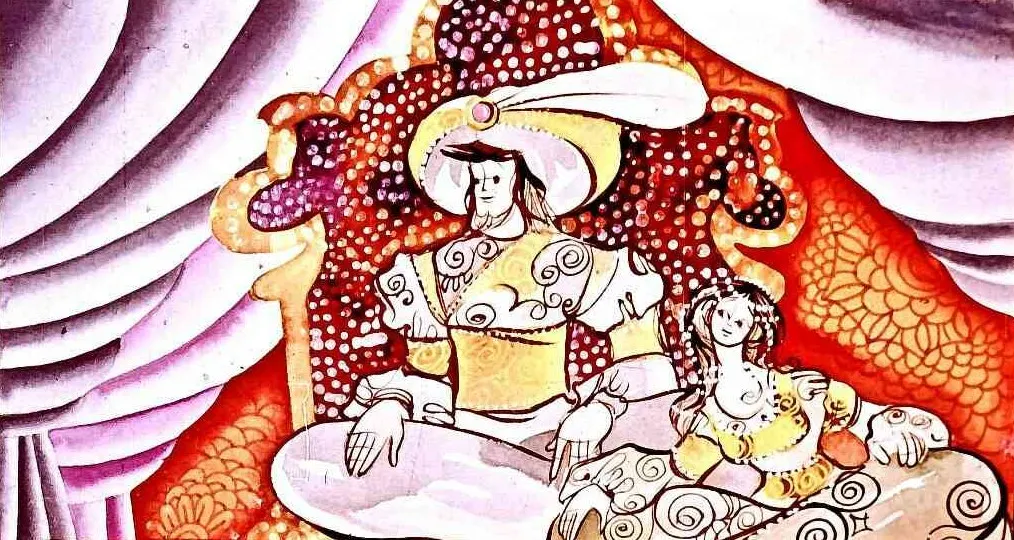 O scenă artistică cu două personaje stilizate, un bărbat și o femeie, într-un decor colorat și abstract.