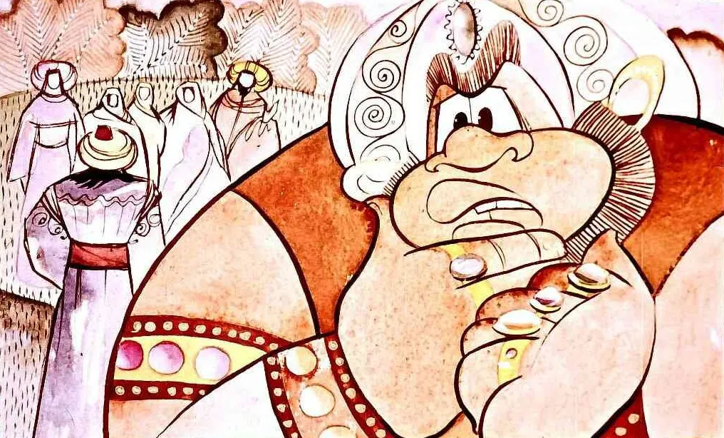 Ilustrație artistică cu un personaj înfuriat și o serie de figuri umane în fundal, într-un peisaj colorat.