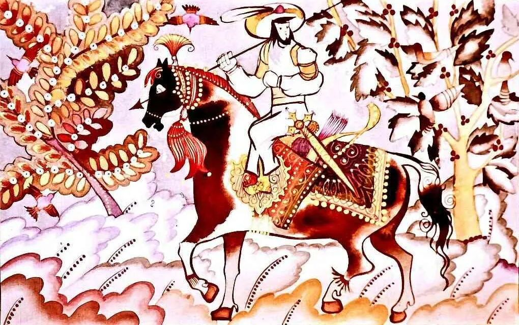 O ilustrație colorată reprezentând un cavaler pe un cal, îmbrăcat în haine tradiționale, călărind printr-un peisaj cu arbori și nori.