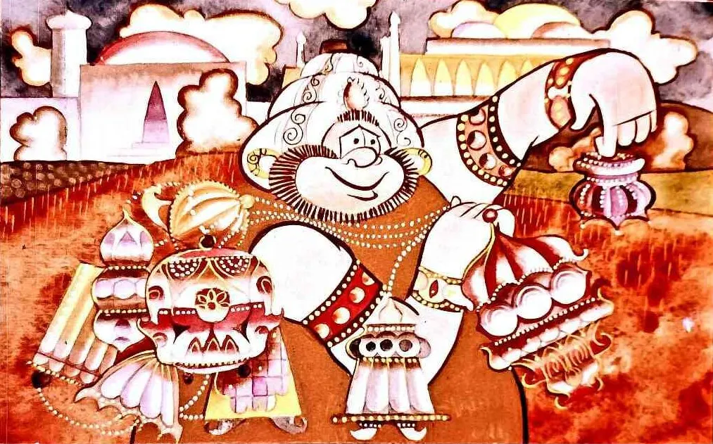 O ilustrație vibrantă și colorată care prezintă un personaj plin de viață, purtând bijuterii, ținând în mână vase decorative, înconjurat de un peisaj cu clădiri și nori stilizați.