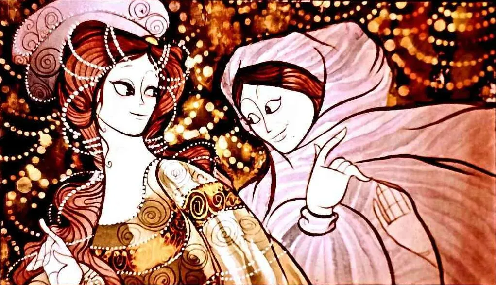 Ilustrație animată cu două personaje feminine, una cu păr ondulat și având o rochie sofisticată, iar cealaltă purtând o capă. Fundalul este decorat cu lumini strălucitoare.