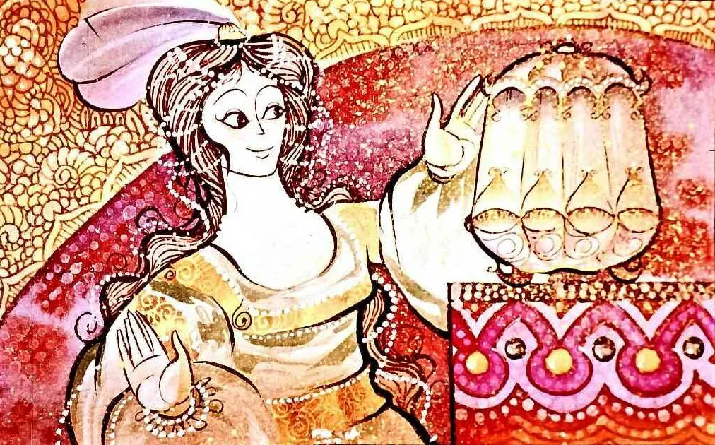 O ilustrație artistică colorată care prezintă o figură feminină care ține un obiect decorativ, având un fundal elaborat.