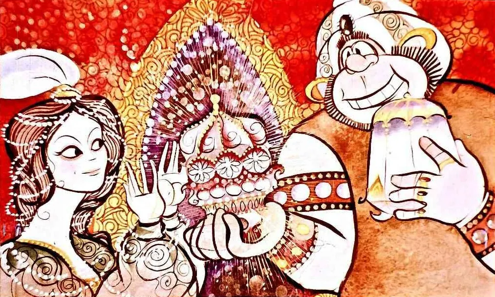 Ilustrare colorată a două personaje, un bărbat și o femeie, ce interacționează într-un peisaj decorativ, cu un fundal roșu și detalii ornate.