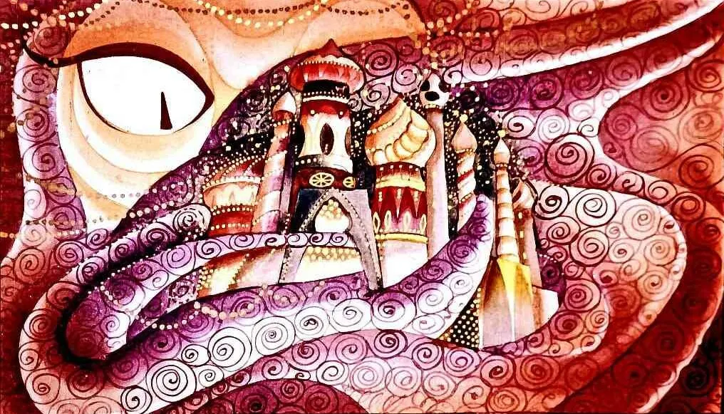 Imagine abstractă cu contururi ondulate și elemente arhitecturale, în nuanțe de roșu și mov.