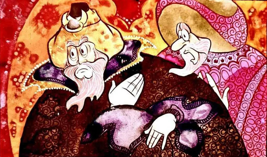 Ilustrație colorată cu doi personaje animate, unul cu barbă și turban, iar celălalt cu o pălărie mare, într-un fundal artistic.