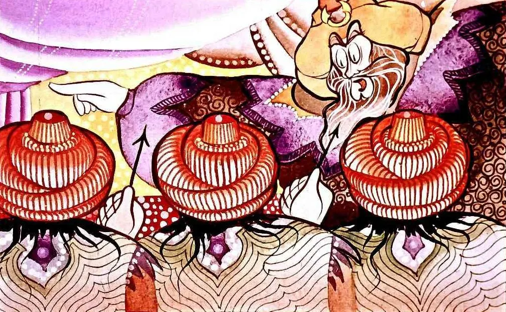 Ilustrație artistică cu trei personaje din spate, purtând pălării rotunde, iar în față un personaj cu barbă și expresie dramatică, indicând spre sus.