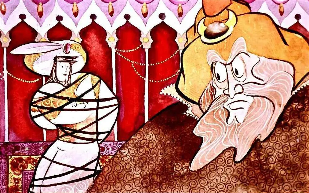 Imagine artistică cu două personaje, unul înfășurat în bandaje, iar celălalt cu o barbă mare și pălărie, într-un decor colorat cu fundal roșu și detalii intricate.