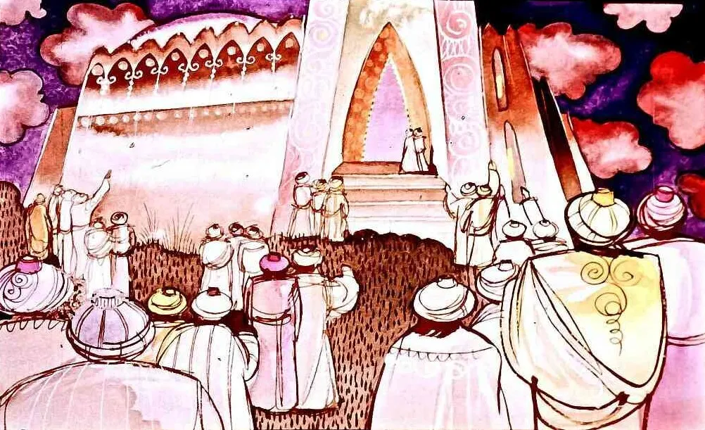 O ilustrație care prezintă o mulțime de oameni în fața unei structuri arhitecturale, cu un cer colorat în nuanțe de roz și mov.