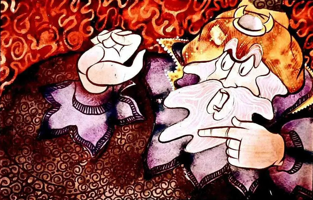 Imagine a unui bărbat cu păr alb și barbă, purtând o coroană, gesticulând într-un decor colorat.