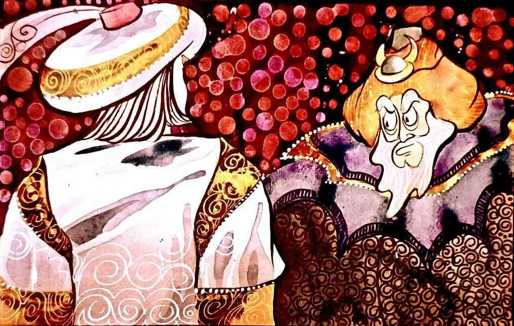 Ilustrație artistică cu două personaje, unul cu un fes și altul cu o turban, pe un fundal colorat.