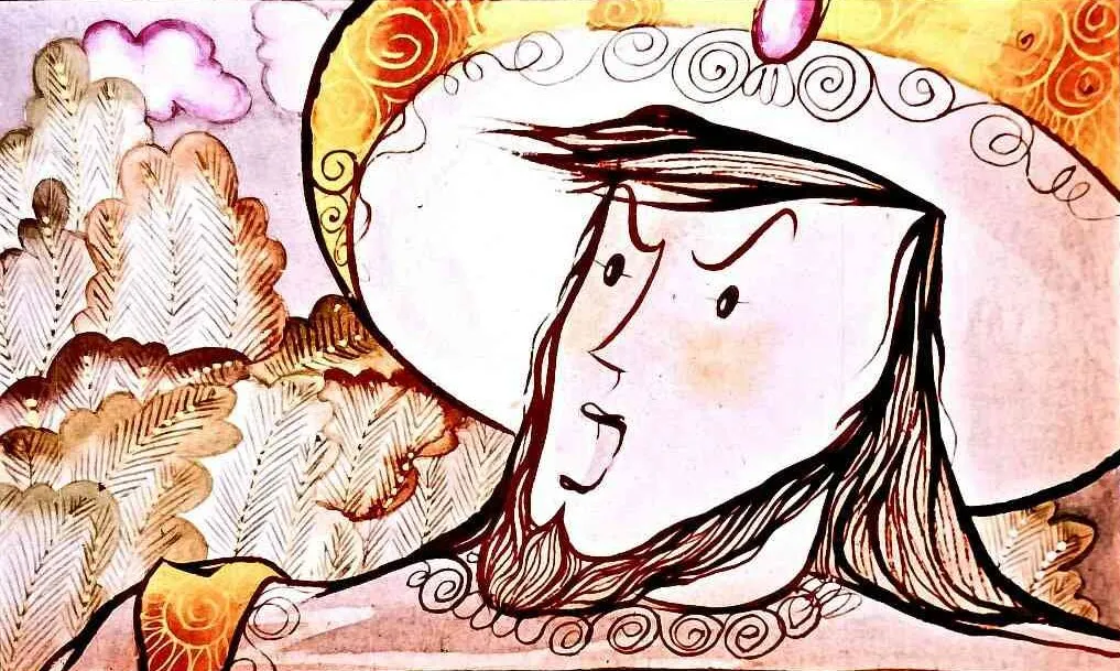 Ilustrație colorată a unui personaj cu o pălărie mare, având un expresie fermă, pe fundal cu peisaje naturale.