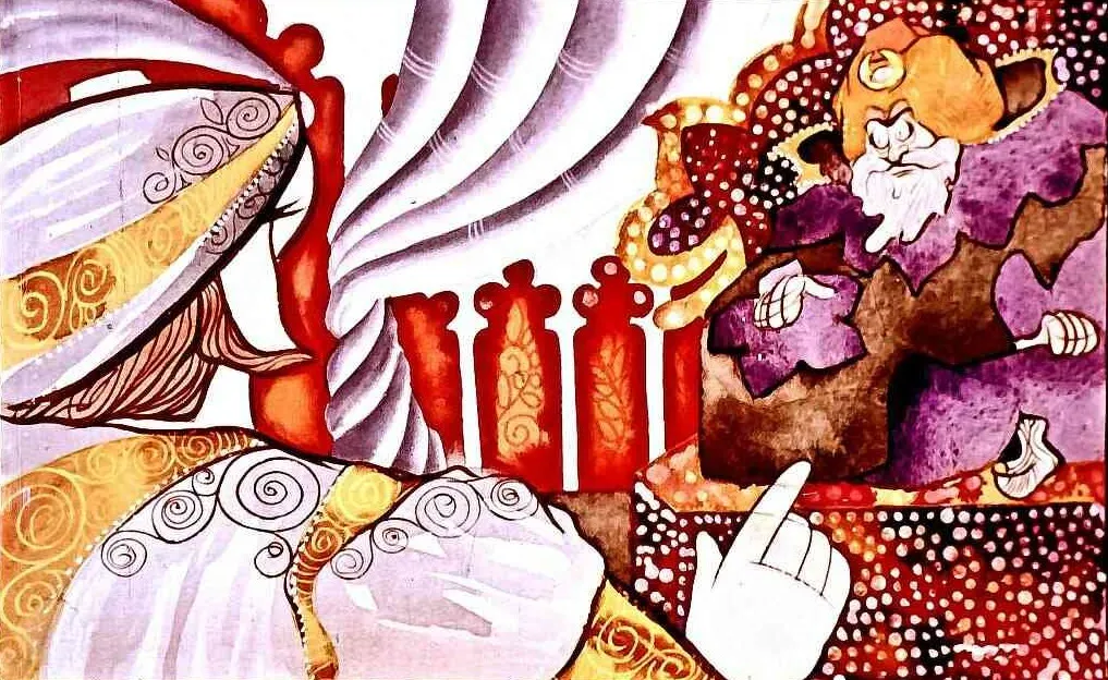 Ilustrație colorată cu o persoană vorbind cu un regal pe un tron, înconjurat de un decor elaborate.