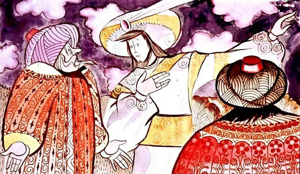 Ilustrație colorată cu trei personaje deschise la dialog, în diverse robe tradiționale, cu un fundal de nori.