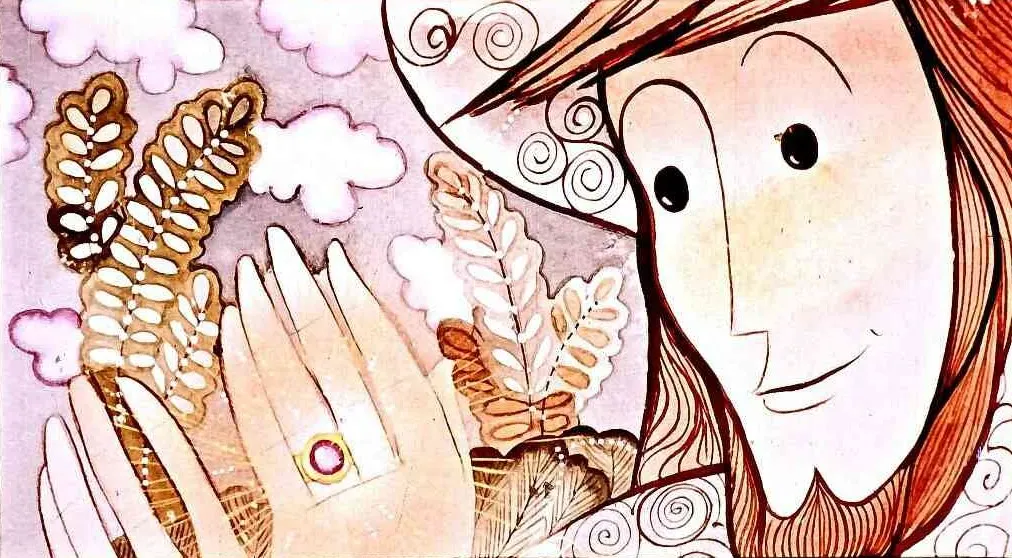 Ilustrație colorată cu un personaj zâmbitor care privește către o plantă, având un inel pe deget și un fundal cu nori.