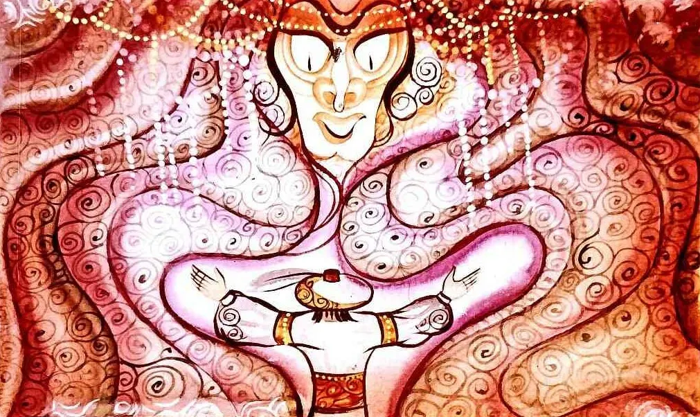 Imagine artistică cu un personaj central zâmbitor și detalii în spirală, reprezentând un stil colorat și decorativ.