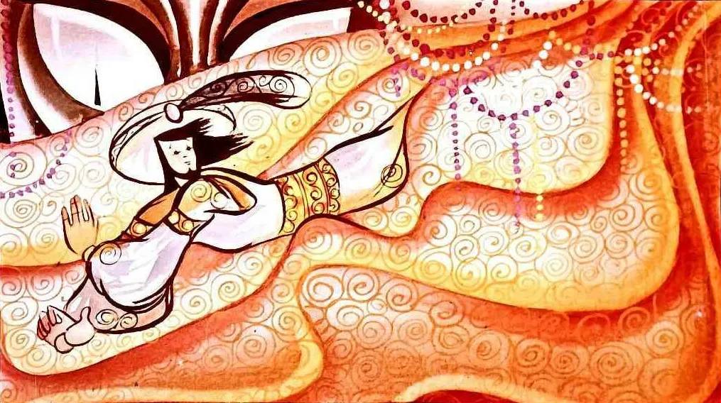 O ilustrație colorată cu o figura feminină îmbrăcată în haine tradiționale, plutind pe un fundal cu motive abstracte în nuanțe calde.