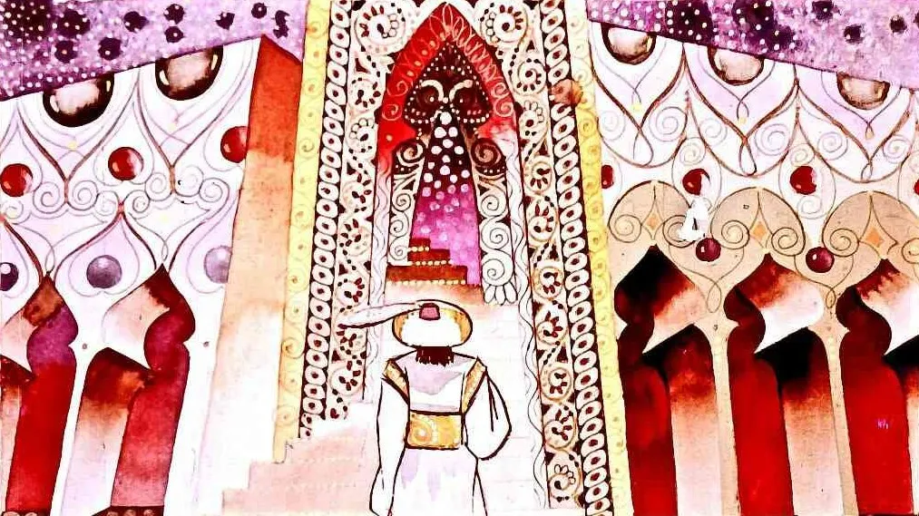 O ilustrație colorată care prezintă o persoană îmbrăcată în haine tradiționale, stând în fața unei structuri arhitecturale elaborate, cu detalii decorative pe ziduri și uși.