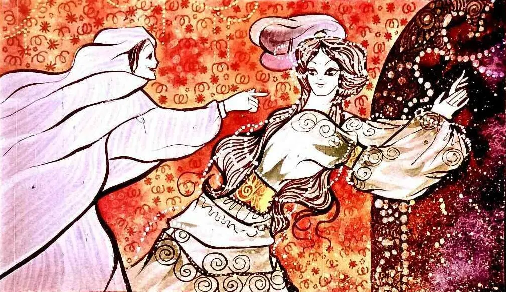 Ilustrație artistică cu două femei; una îmbrăcată în alb care pare să interacționeze cu cealaltă, care poartă o rochie decorată.