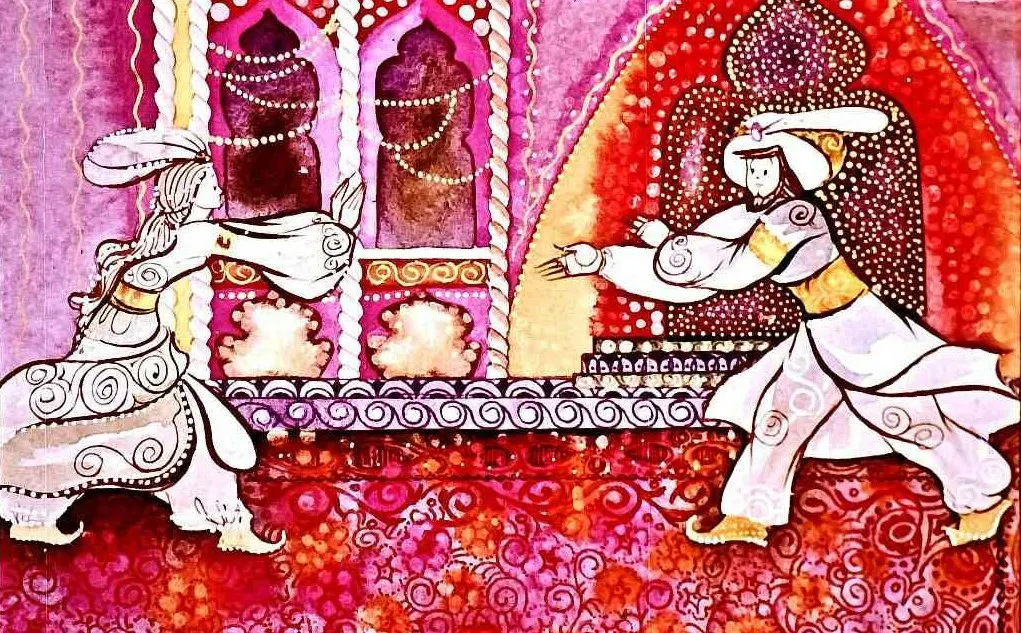 Ilustrație artistică colorată reprezentând două personaje în posturi dinamice, într-un decor oriental, cu motive geometrice și florale.