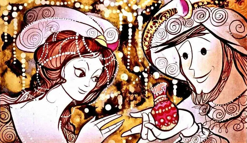 O ilustrație colorată reprezentând doi oameni, un bărbat zâmbitor și o femeie, într-un decor strălucitor și ornamental.