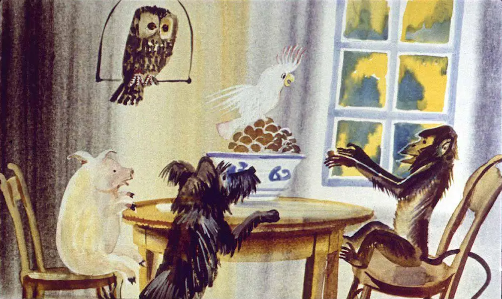Ilustrație cu animale la o masă, inclusiv o bufniță într-o cușcă, o pasăre albă, un porc și un câine negru, într-o cameră cu feronerie la fereastră.
