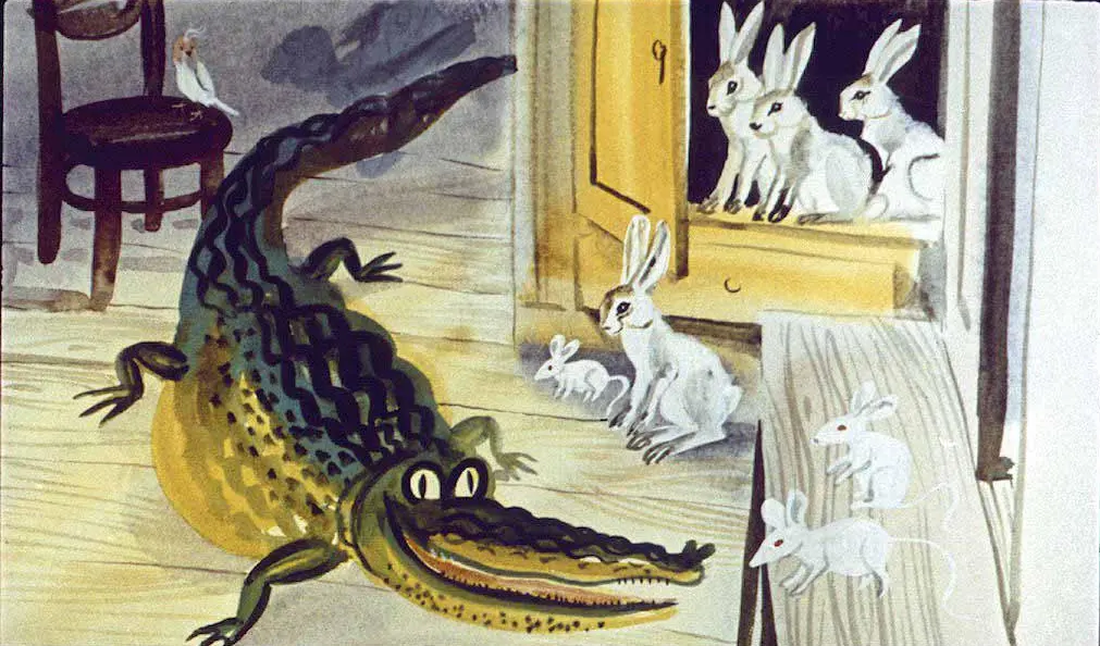 Ilustrație colorată cu un crocodil și mai multe iepurași și șoareci, în interiorul unei încăperi.