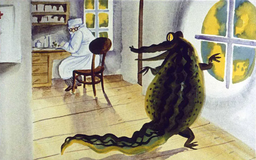Imagine animată cu un om de știință care lucrează la birou, în timp ce o broască mare, cu un corp colorat și un coadă lungă, apare în fundal.