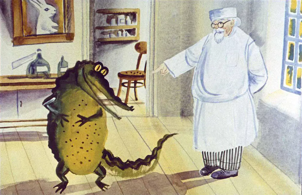 Ilustratie cu un personaj uman imbracat in alb, stojind in fata unui personaj fantastic, o creatura verde cu buline. In fundal se pot vedea mese si scaune intr-o camera.