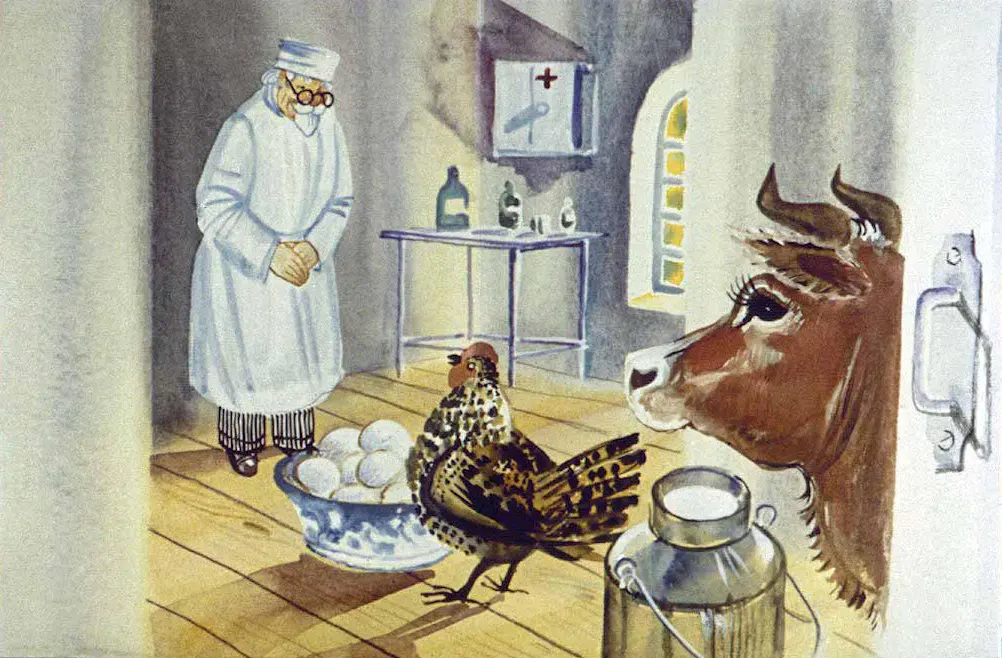 Ilustrație care prezintă un bătrân într-un halat alb, în fața unei găini care stă lângă un bol cu ouă, cu un bovine observând dintr-o parte, într-o cameră cu uși și feronerie vizibile.
