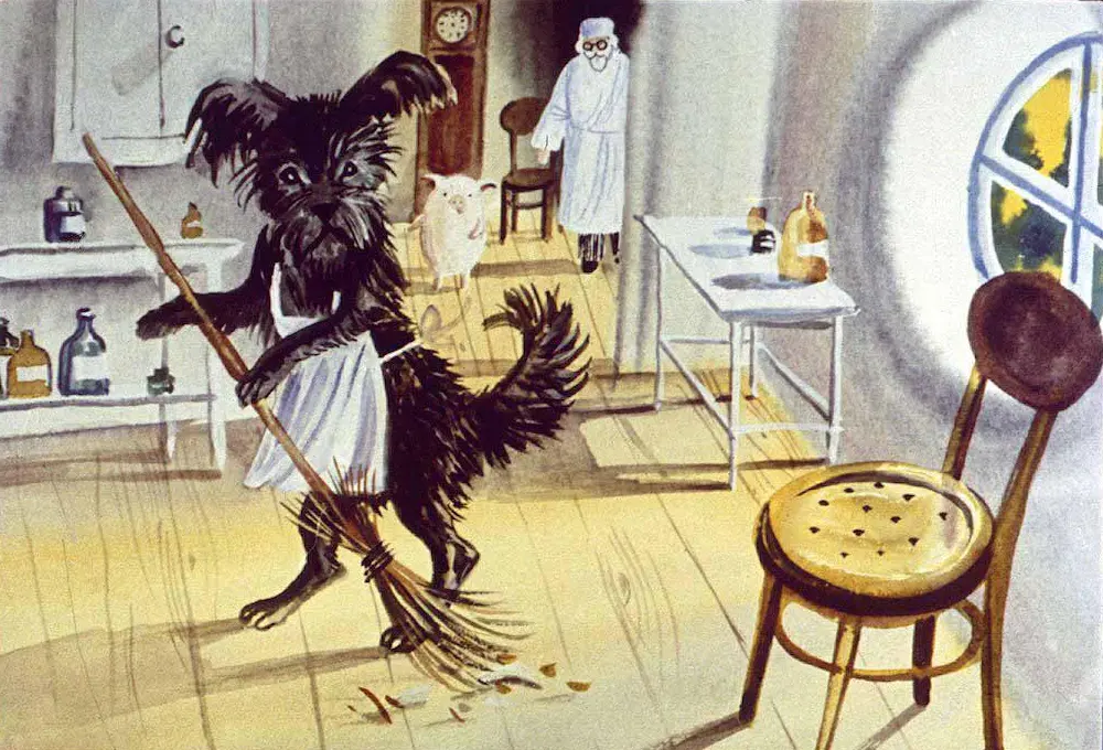 Ilustrație cu un câine care mătură podeaua într-o cameră, purtând un șorț, cu un om și un porc în fundal.