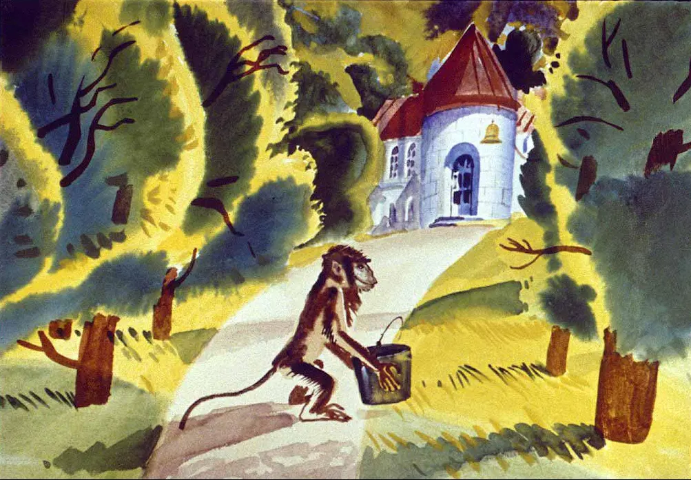 Desen care ilustrează o maimuță care transportă un recipient pe un drum într-un peisaj cu copaci și o clădire în fundal.