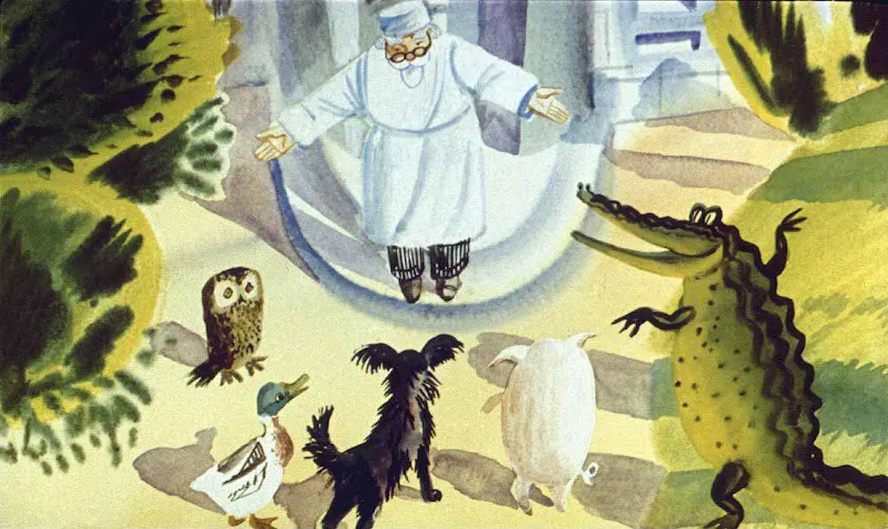 Ilustrație colorată cu un bătrân în halat, fluturându-și brațele, înconjurat de animale fantasme precum o bufnita, un câine, un porc și un crocodil.