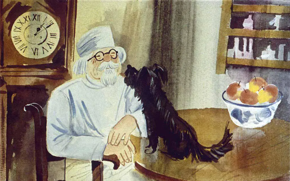 Ilustrație cu un bătrân cu o barbă albă, purtând o pălărie și ochelari, care zâmbește la un câine negru lângă o masă pe care se află un bol cu mere.