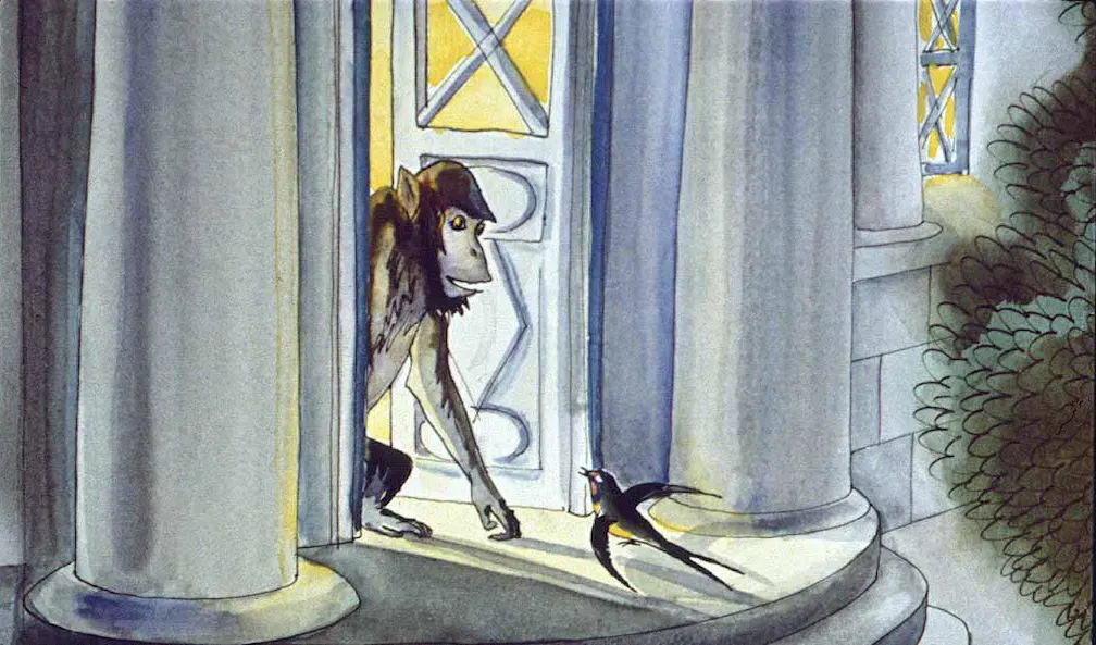 Ilustrație cu un maimuțoi stând la ușa unui edificiu și un păianjen zburând în fața lui.