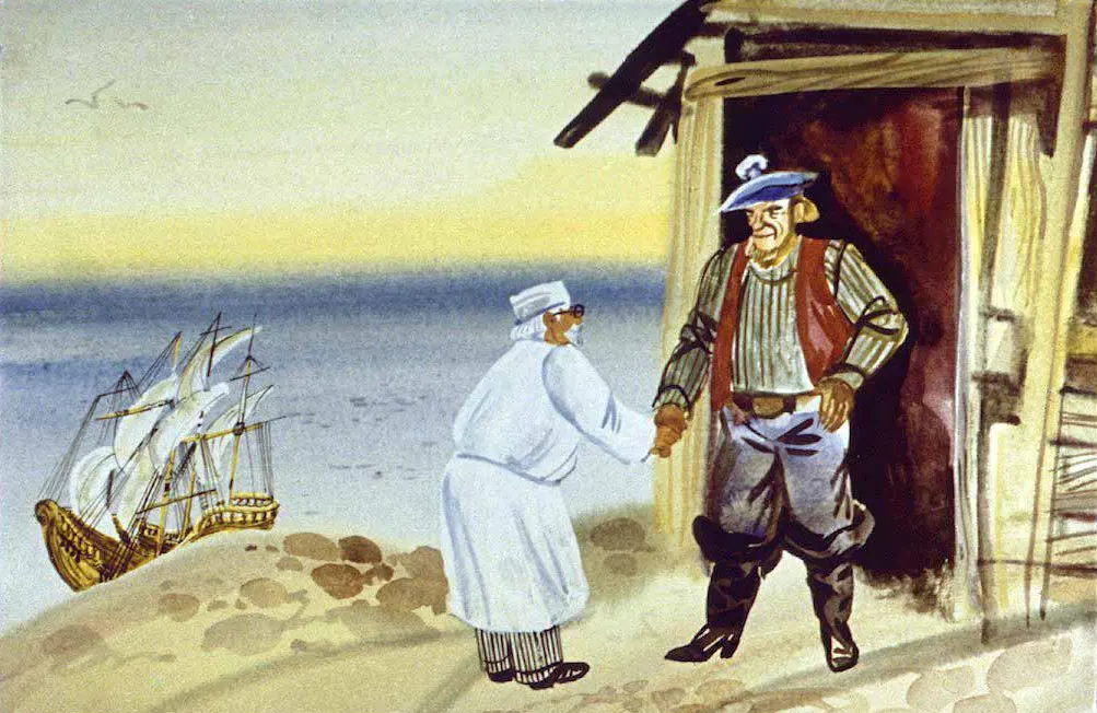 O ilustrație care prezintă o scenă de întâlnire între o femeie și un bărbat pe o plajă, cu un velier în fundal și o cabană de pescari.