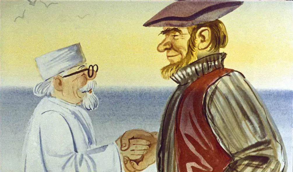 Imagine ilustrativă cu doi bărbați care se strâng de mână, unul purtând un halat alb și o pălărie, iar celălalt având o barbă și o pălărie cu boruri largi, pe un fundal de apă și cer.