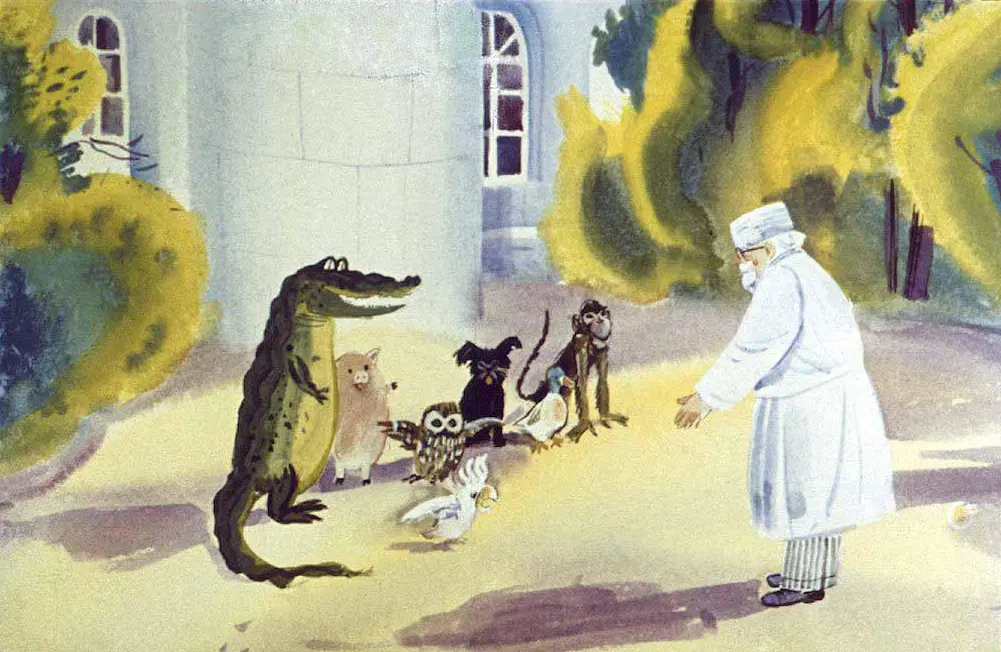 Ilustrație cu un crocodil și mai multe animale în fața unui om îmbrăcat în halat alb, într-un peisaj exterior.