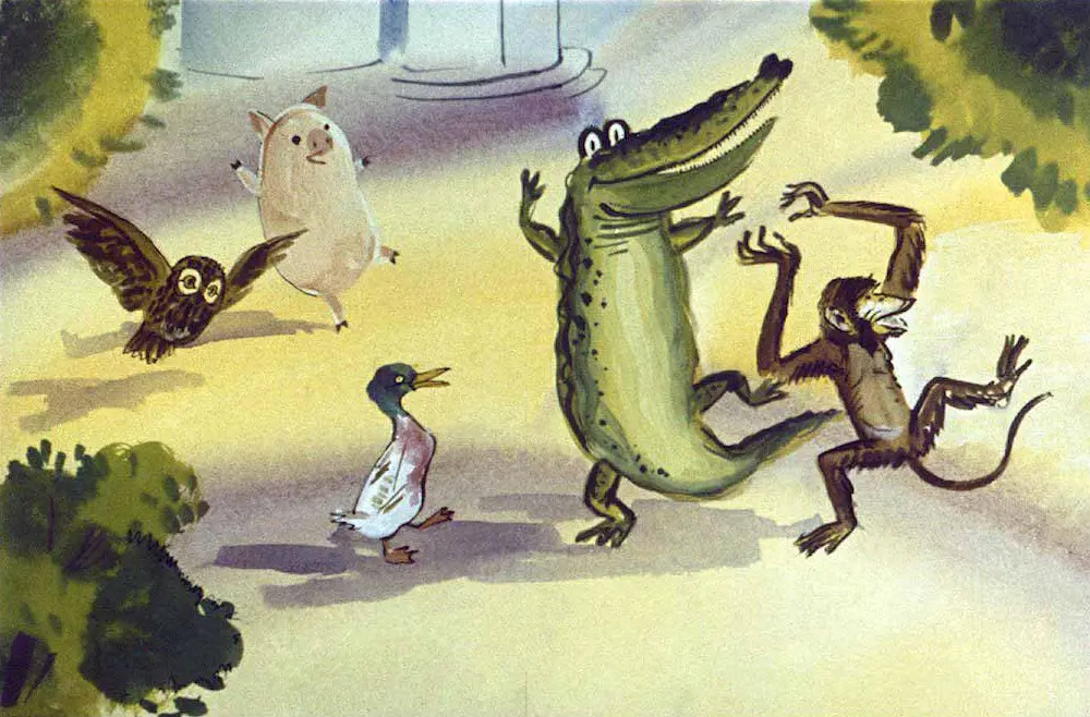 Ilustrație cu un crocodil care dansează, înconjurat de un porc, o bufniță, o rață și o maimuță, pe un fundal de parc.